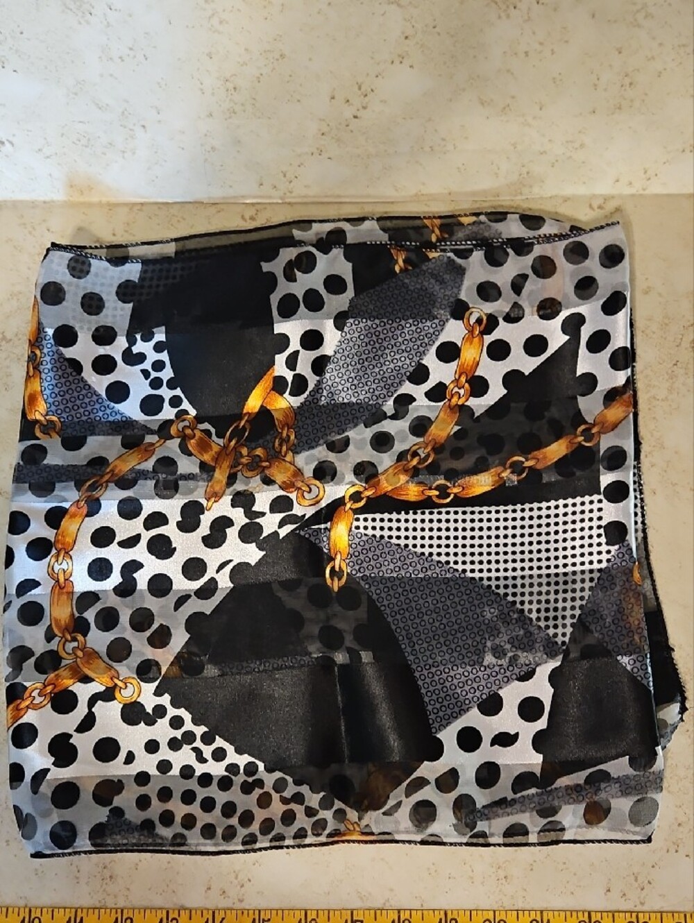 Sheer Polka Dot & Chain Print Scarf - Black, White & Gold - Picture 2 of 3